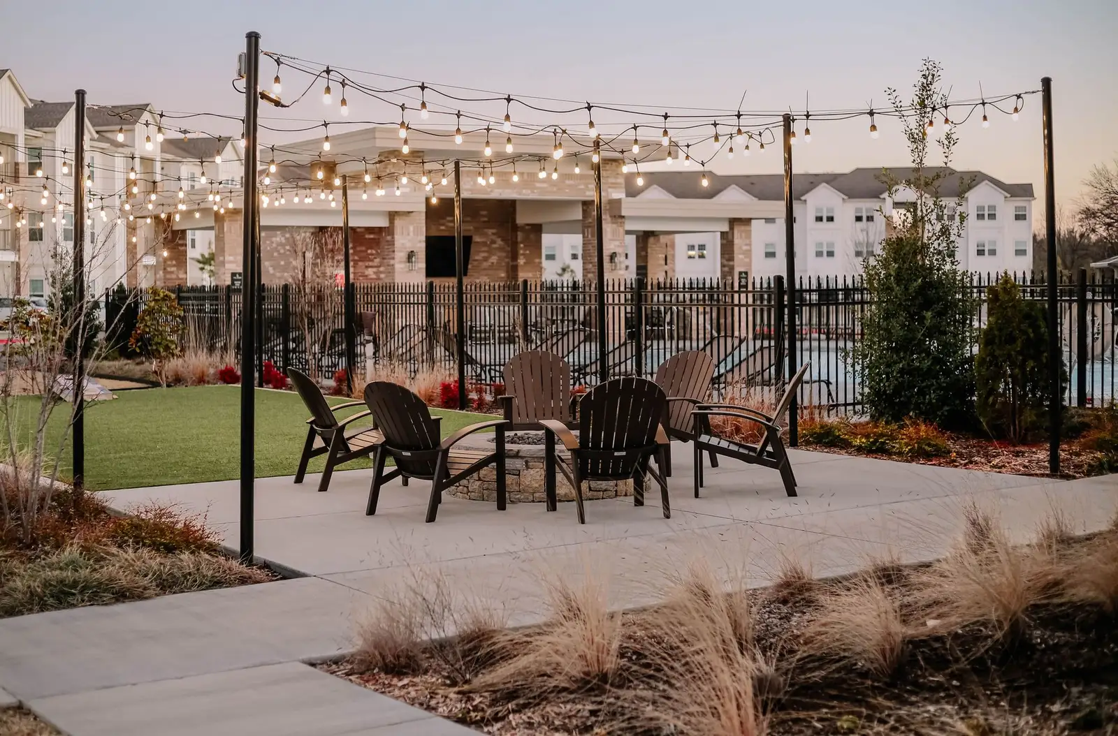 The neighborhood pavilion patio at sunset